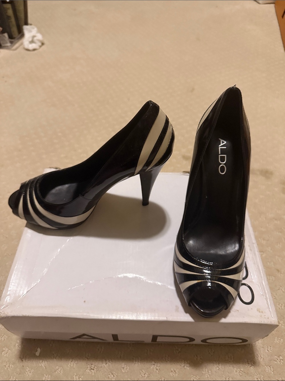 ALDO Black and White Striped Peep-Toe Pumps